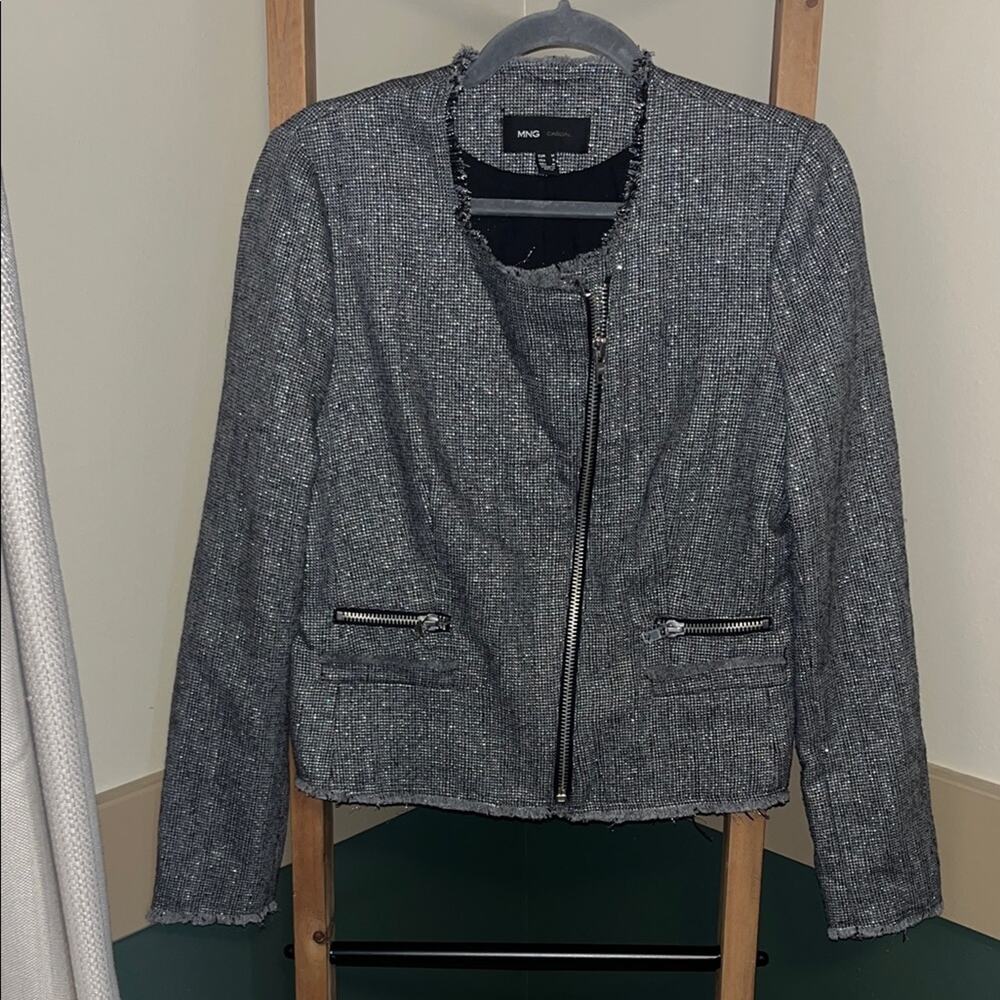 MNG Mango Gray Metallic Tweed Moto Asymmetrical Zip Fringe Blazer Jacket Size S - Picture 2 of 4